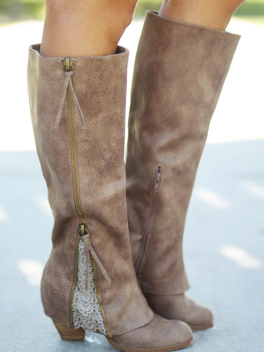 Not Rated Taupe Over-the-Knee Lace-Accent Vegan Leather Boots - Size 9.5